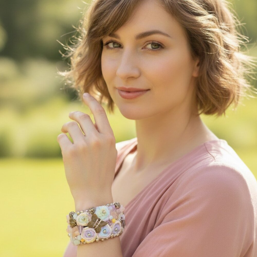 🌸 LUMA Handcrafted Beaded & Embroidered Cuff Bracelet w/Leather Strap
